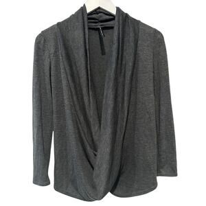 Small Gray Sweater Shawl Collar Draped Front Long Sleeve Work Office Blouse Top